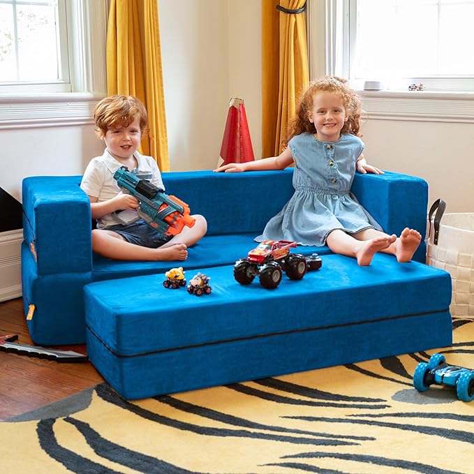 Jaxx Zipline Kids Sofa & Large Ottoman 3 in 1 Fold Out Sofa, Big Kids Edition Blueberry