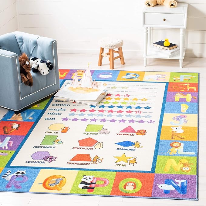 SAFAVIEH Kids Playhouse Collection Accent Rug - 3'3" x 5'3", Beige & Blue, Non-Shedding Machine Washable & Slip Resistant Ideal for High Traffic Areas for Boys & Girls in Playroom (KPH225A)