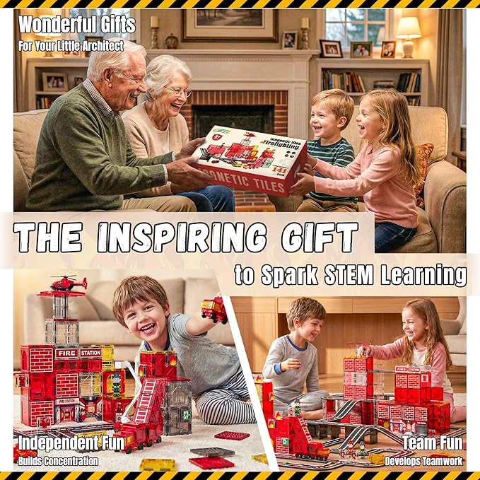 141PCS Magnetic Tiles for kids, Fire Rescue Theme Magnet Tiles with Fire Station & Fire Rescue Vehicles, STEM Magnetic Tiles for Kids Ages 4-8, Preschool Educational Building Toys for Boys & Girls