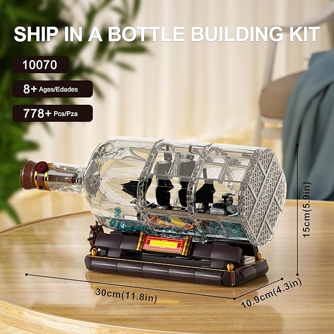 Mould King Ship in a Bottle Kit, Pirate Ship Building Set, 10070 Drift Bottle Toys Blocks with Stand Pirate Boat Model, Collection for Adults Kids Aged 8+, 778 Pieces