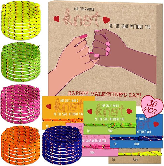 Friendship Bracelet Valentines Cards - 28Pcs Knot Bracelet Greeting Cards, Class Valentines Day Cards for Shcool Classroom Exchange, kids Valentines Day Gifts for Students from Teachers