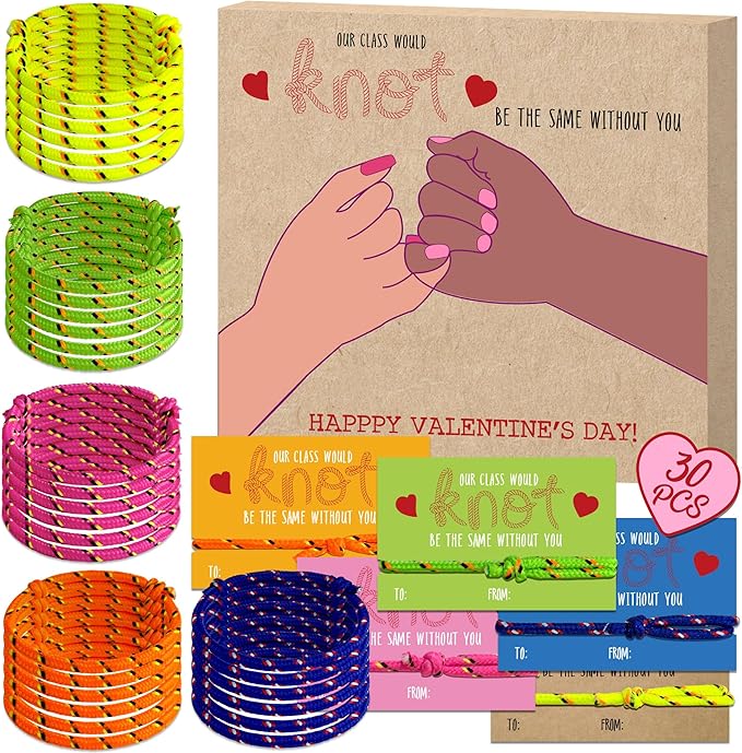 Friendship Bracelet Valentines Cards - 28Pcs Knot Bracelet Greeting Cards, Class Valentines Day Cards for Shcool Classroom Exchange, kids Valentines Day Gifts