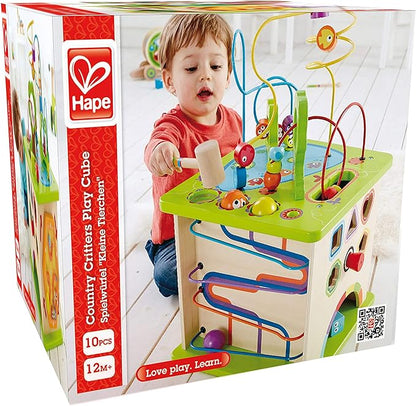 Hape Country Critters Play Cube| Wooden Learning Puzzle Toy for Toddlers, 5-Sided Activity Centre with Animal Friends, Shapes, Mazes, Wooden Balls, Shape Sorter Blocks and More