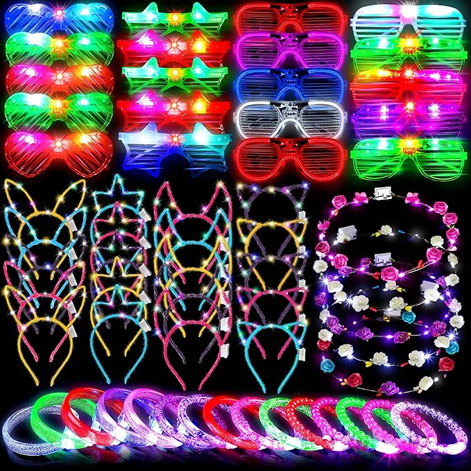 ADXCO 60 Pieces Glow in the Dark Party Supplies Neon Party Favor LED Light Up Party Favors with Flashing Glasses Flower Headband Crown Bracelets Rabbit Cat Ear Headband for Neon Party