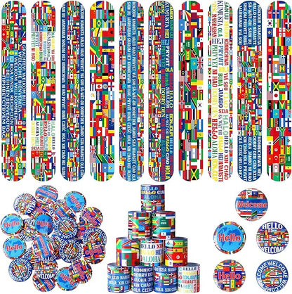 Outus 60 Pcs International World Flags Party Favors Around the World Supplies Prizes Include 30 World Flags Slap Bracelets 30 Country World Flag Button Pins for Flags Gift Bag Fillers Gifts