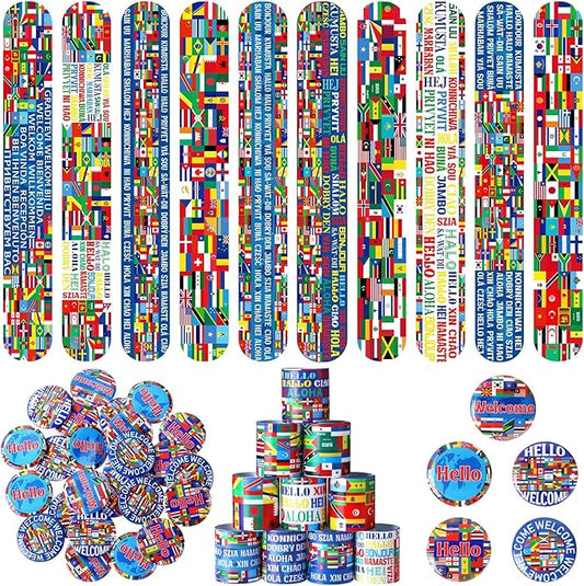 Outus 60 Pcs International World Flags Party Favors Around the World Supplies Prizes Include 30 World Flags Slap Bracelets 30 Country World Flag Button Pins for Flags Gift Bag Fillers Gifts