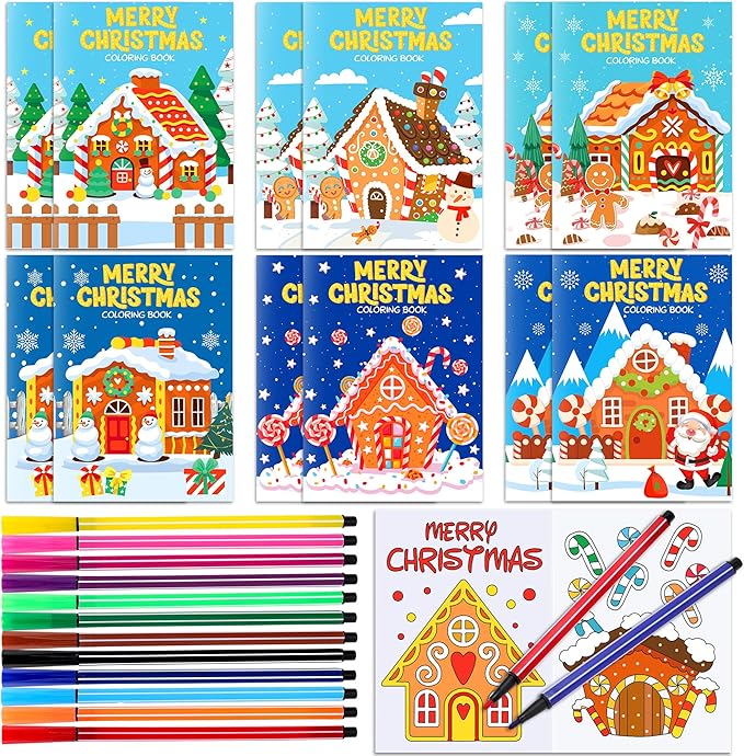 HOWAF 24pcs Gingerbread Christmas Coloring Books Bulk, Christmas Coloring Page with Paint Pens Gingerbread House for Xmas Holiday Favors Activities Bags Fillers Gingerbread Man Drawing Book