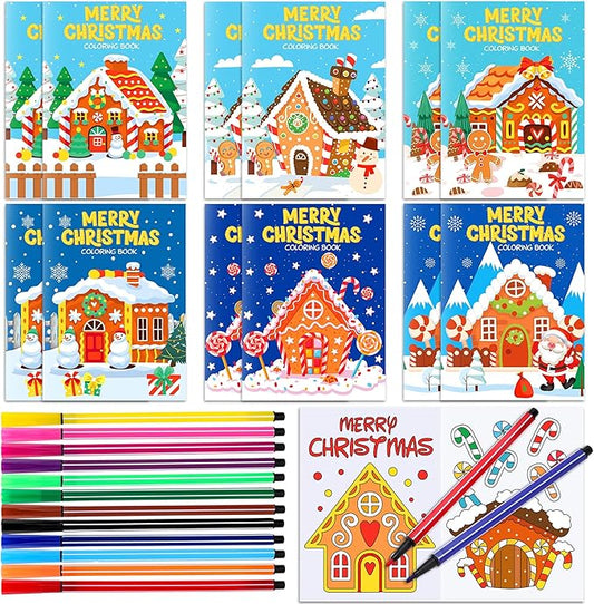 HOWAF 24pcs Gingerbread Christmas Coloring Books Bulk, Christmas Coloring Page with Paint Pens Gingerbread House for Xmas Holiday Favors Activities Bags Fillers Gingerbread Man Drawing Book