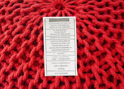 COTTON CRAFT - Hand Knitted Cable Style Dori Pouf - Red - Floor Ottoman - Cotton Braid Cord - Handmade & Hand Stitched - Truly one of a Kind Seating - 20 Dia x 14 High