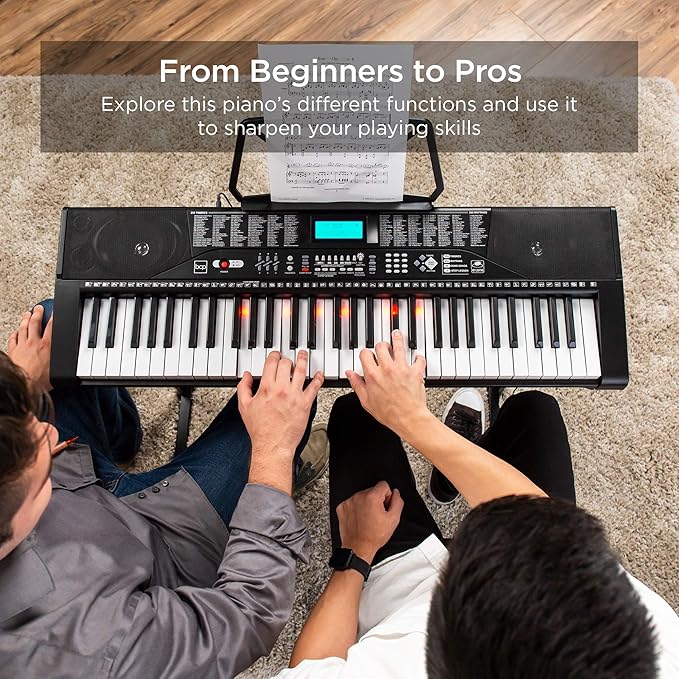 Best Choice Products 61-Key Beginners Complete Electronic Keyboard Piano Set w/Lighted Keys, LCD Screen, Headphones, Stand, Bench, Teaching Modes, Note Stickers, Built-In Speakers - Black