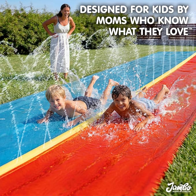 JAMBO Premium 18Ft Budget Slip Splash and Slide, Heavy Duty Water Slide with Advanced Sprinkler System, Backyard Waterslide, Splash Mat, Outdoor Water Toys n Slides for Kids