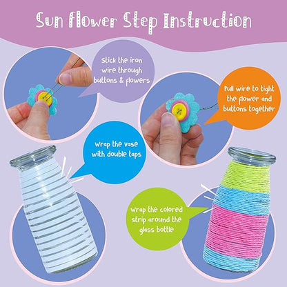 SpriteGru Flower Craft Kit for Kids,Make Your Own Flower Bouquet with Buttons,DIY Activity Gift for Boys & Girls Age 4 5 6 7 8 9 10 Year Old(2 Bouquets and 1 Glass Vase)