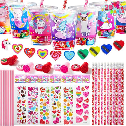 JOYIN 28 Packs Valentine's Day Stationery with Cup and Card, Exchange Gift for Kids with Pencils Stickers Erasers Stampers Sharpener, Holiday Reward Prizes