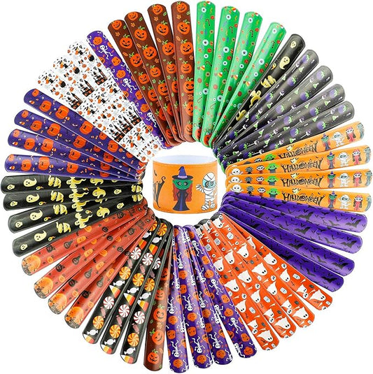 Elcoho 48 Pieces Halloween Slap Bracelets Toys Assorted Halloween Designs Snap Bracelets Wristbands for Craft Halloween Party Favors Exchanging Gifts