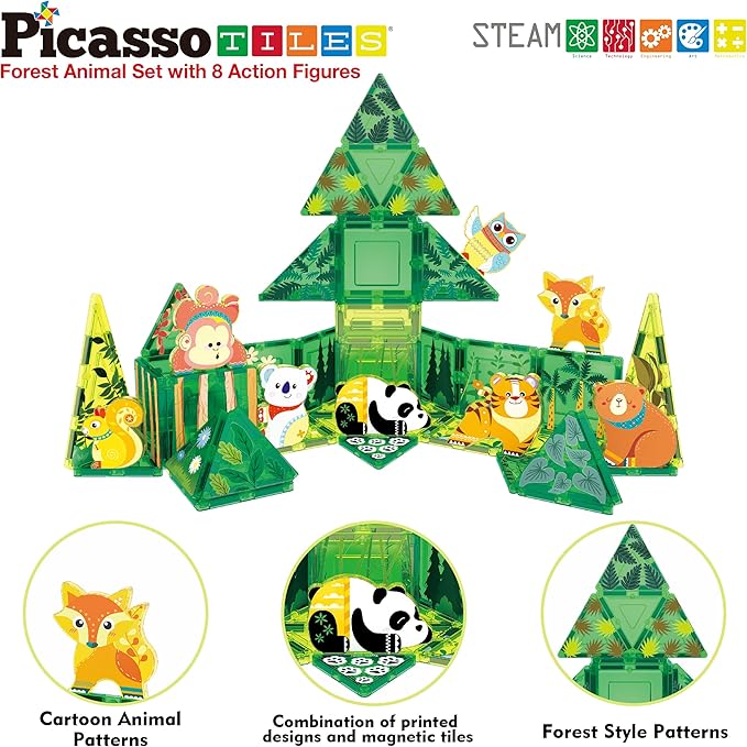PicassoTiles Magnet Tile Building Blocks Forest Animal Theme Toy Set with 8 Character Action Figures Educational STEM Learning Construction Kit Pretend Play Magnetic Tiles Preschool Kids Ages 3+ PTQ16