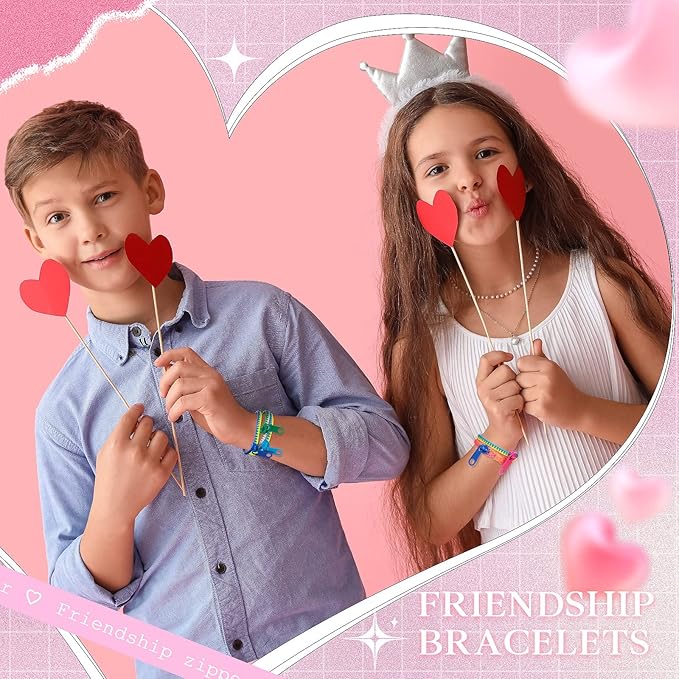 Sratte 50 Pcs Valentine's Day Neon Friendship Bracelets Bulk with 50 Pcs Heart Card for Valentine's Gifts Birthday Goodie Bag Stuffers(Resin,Zipper Bracelet)