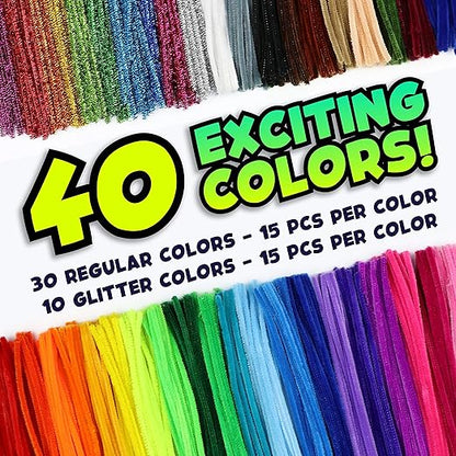 Carl & Kay 600 Pipe Cleaners & 74 Googly Eyes - Chenille Stems Craft - Colorful Pipe Cleaners for Kids - Bulk Soft Fuzzy Stems