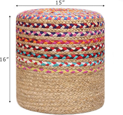 COTTON CRAFT Jute Chindi Pouf – Cylindrical Jute Cotton Braided Ottoman - Moroccan Boho Kilim Foot Stool - Bedroom Family Room Accent Seating – Footrest - Rustic Decor Round Pouf – 15 diax16 H- Multi