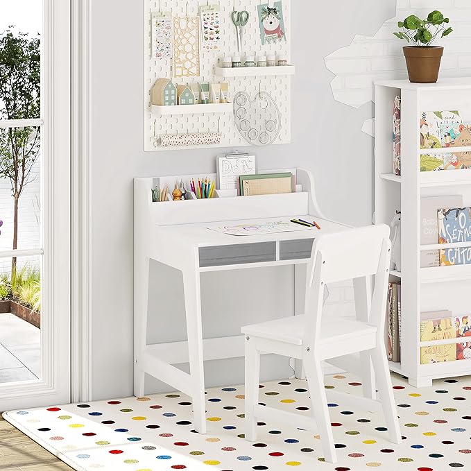UTEX Kids Desk and Chair Set, Study Desk for Kids with Storage Bins, Wooden Children Study Table, Student Writing Desk for Bedroom & Study Room