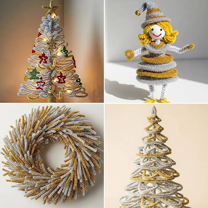 Caydo 200 Pieces Glitter Golden & Silver Pipe Cleaners, Thick Fluffy Chenille Stems, Pipe Cleaner Crafts for Arts & Crafts, Perfect for Making Animals, Flowers, and Easter Decorations