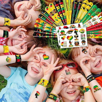 48 PCS Happy Juneteenth African Party Favors 24PCS Tattoos Stickers 24PCS Slap Bracelets Wristbands Perfect for Themed Birthday Baby Showers or Classroom Rewards Ideal Decor and Gifts for Adults