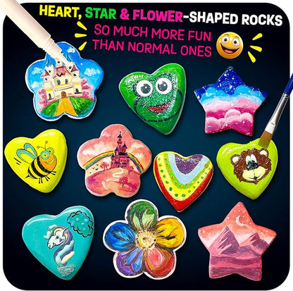 Heart, Flower & Star Shaped Rocks - Glow in The Dark Rock Painting Kit for Kids - Arts & Crafts Toys for Kids Ages 6-12 - Valentines Day Craft Kits - Birthday Gifts for 6 7 8 9 10 11 12 Year Old Girls