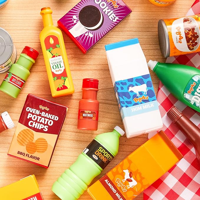 JOYIN 30Pcs Play Food Grocery Cans, Play Kitchen Accessories, Includes Drink, Juice, Jar, Seasoning, Water Bottle, Sauce, Yogurt, Ice Cream, Snack Box, Kids Gifts & Indoor Toys