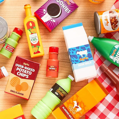 JOYIN 30Pcs Play Food Grocery Cans, Play Kitchen Accessories, Includes Drink, Juice, Jar, Seasoning, Water Bottle, Sauce, Yogurt, Ice Cream, Snack Box, Kids Gifts & Indoor Toys