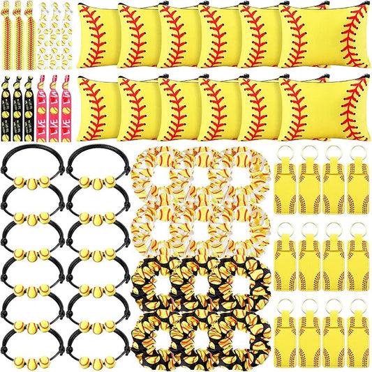 Nuogo 60 Pcs Softball Party Favors Softball Gifts for Team Girls Bulk Include 12 Softball Cosmetic Bag 12 Softball Keychains 12 Softball Hair Scrunchies 12 Softball Hair Ties 12 Softball Bracelets