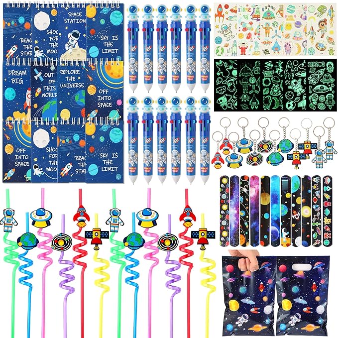 LiYiQ 87 Pcs Space Party Favors with Space Spiral Notebooks 10 in 1 Pen Reusable Straws Slap Bracelets Keychains Space Temporary Tattoo Stickers and Gift Bags for Kids Space Birthday Party Supplies