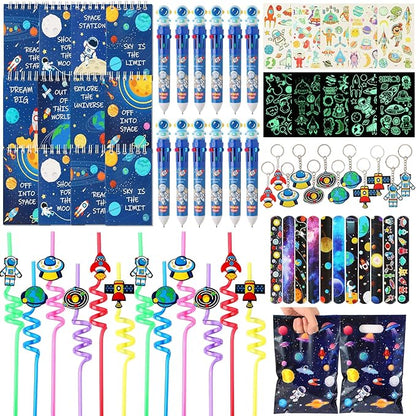 LiYiQ 87 Pcs Space Party Favors with Space Spiral Notebooks 10 in 1 Pen Reusable Straws Slap Bracelets Keychains Space Temporary Tattoo Stickers and Gift Bags for Kids Space Birthday Party Supplies