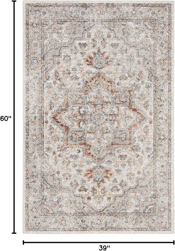 Nourison Astra Machine Washable Traditional Grey/Multi 3'3" x 5' Area Rug, Easy Cleaning, Non Shedding, Bed Room, Living Room, Dining Room, Kitchen (3x5)