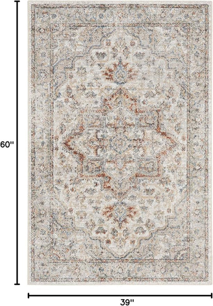 Nourison Astra Machine Washable Traditional Grey/Multi 3'3" x 5' Area Rug, Easy Cleaning, Non Shedding, Bed Room, Living Room, Dining Room, Kitchen (3x5)