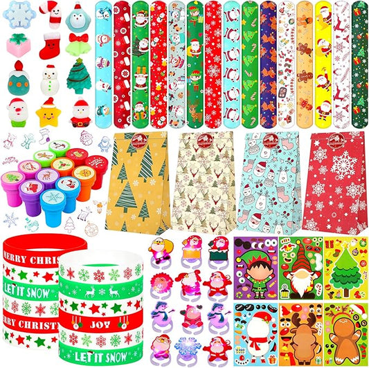 Christmas Party Favors 87 PCS Christmas Squishy Toys Slap Bracelets LED Rings Plastic Stamps Silicone Bracelets DIY Stickers Gift Bags for Kids Christmas Party Gift Exchange Goodie Bags Fillers
