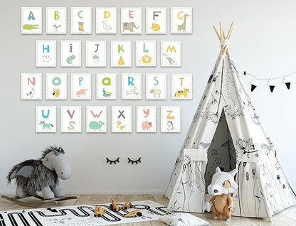English Alphabet Wall Cards Art Flash Cards- Set of 26 White (5" x 7") Animal Alphabet Cards for Nursery Decor, Gifts, Kids Room, Classroom, by Kindred Sol Collective