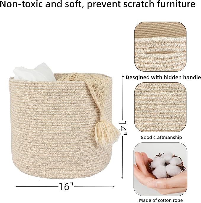 XUANGUO Cotton Rope Basket For Girls Boys Kids 16”X14” Baby Laundry Basket Nursery Bin Round Woven Baskets Organizer For Storage Toys Blankets Shoes Clothes oatmeal