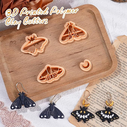 Puocaon Celeste Moth Clay Cutters - 4 Shapes Polymer Clay Cutters for Earrings, Moth Moon Shape Clay Cutters for Polymer Clay Jewelry Making, Mystical Moth Clay Cutter Supplies Clay Earring Cutters