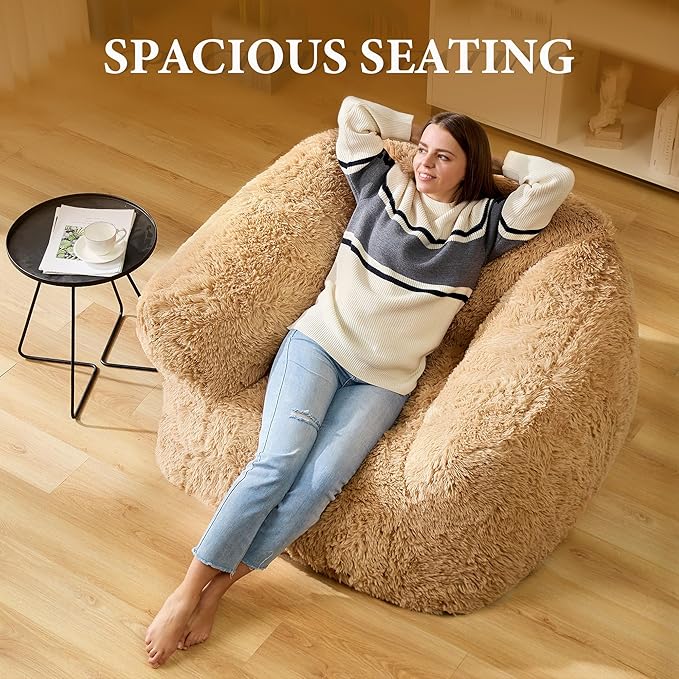 Homguava Giant Bean Bag Chair for Adults,Large Bean Bag Sofa with Armrests&Stuffed Memory Foam,Big BeanBags with Filler,Plush Bean Bag Couch Comfy Lazy Sofa Chair for Bedroom,Living Room(Large,Khaki)