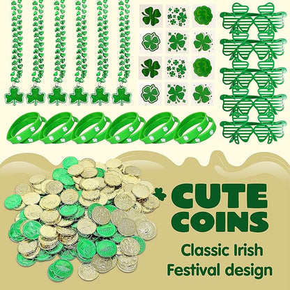 JOYIN 156 Pcs St. Patrick's Day Party Favor Set, 6 Necklaces 6 Eyeglasses 12 Bracelets 72 Temporary Tattoos 12 PCS Mustache 48 Plastic Coins St Patricks Day Accessories