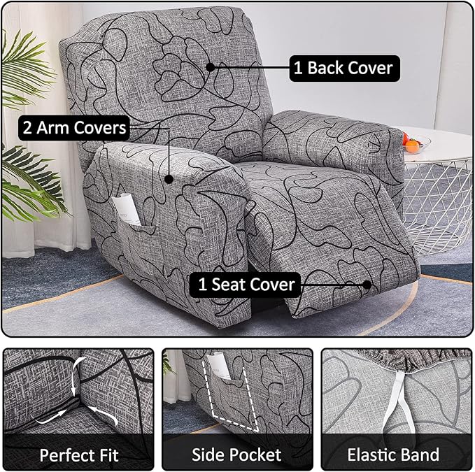 NILUOH Stretch Recliner Cover 4 Pieces Electric Power Lift Recliner Chair Cover Reclining Couch Cover Anti-Slip Fitted Furniture Protector with Side Pocket