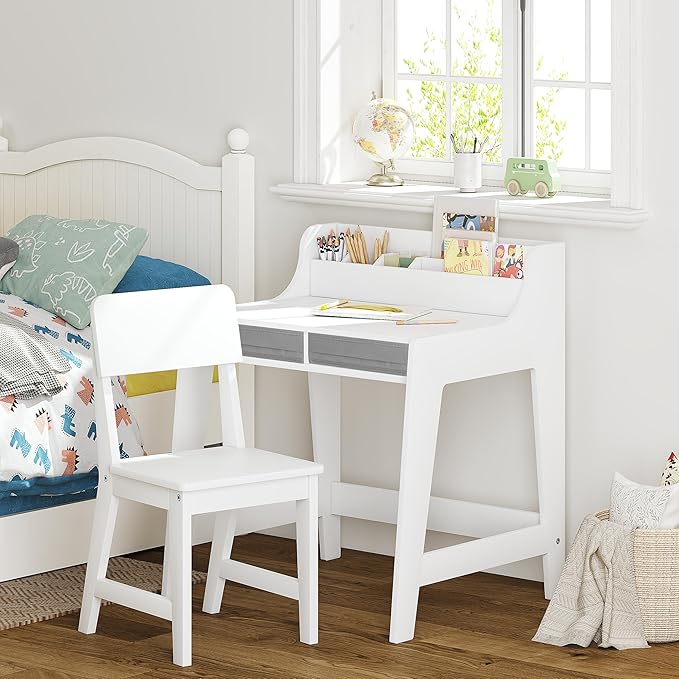 UTEX Kids Desk and Chair Set, Study Desk for Kids with Storage Bins, Wooden Children Study Table, Student Writing Desk for Bedroom & Study Room