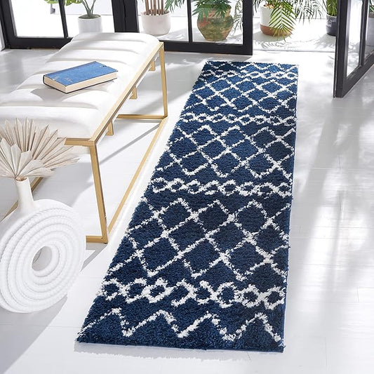 SAFAVIEH Berber Shag Collection Runner Rug - 2'2" x 9', Navy & Ivory, Moroccan Design, Non-Shedding & Easy Care, 1.2-inch Thick Ideal for High Traffic Areas in Living Room, Bedroom (BER165N)