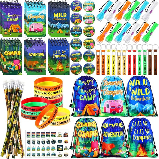 Zhanmai 140 Pcs Camping Party Favors Include Silicone Bracelets, Stickers, Camping Keychain, Badge, Camouflage Pencils, Spiral Camp Adventure Theme Notepads Drawstring Bags Mini Flashlight for Kids