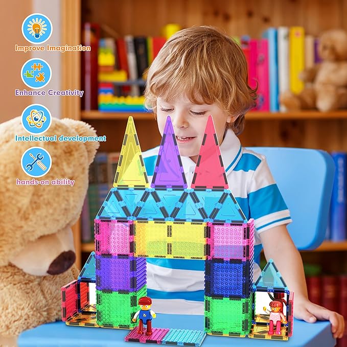 PicassoTiles 63 Pcs Magnetic Building Block Tiles with 2 Character Figures Construction Stacking STEM 3D Toy Set Creative Educational Learning Kit Magnet Montessori Playset for Kids & Toddlers Ages 3+