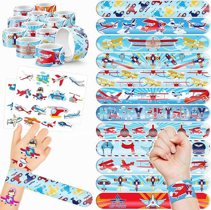 48PCS Airplane Party Favors - 24PCS Temporary Tattoos & 24PCS Airplane Slap Bracelets - Themed Birthday Party Supplies for Boys & Girls - Perfect Decorations, Gifts, School Prizes, Carnival Rewards