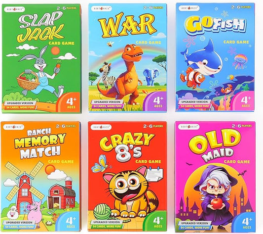 Upgraded Kids Card Games Pack, 6 Decks, Go Fish, Old Maid, Crazy Eights, Memory Match, Slap Jack, War, Playing Cards, Easter Basket Stuffers, Stocking Stuffers