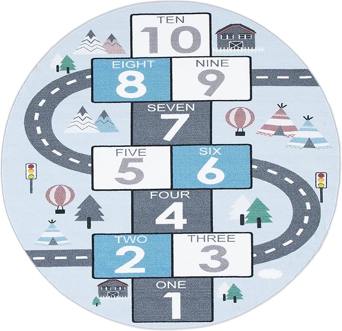 SAFAVIEH Kids Playhouse Collection Area Rug - 5' Round, Grey & Blue, Non-Shedding Machine Washable & Slip Resistant Ideal for High Traffic Areas for Boys & Girls in Playroom, Nursery (KPH226F)