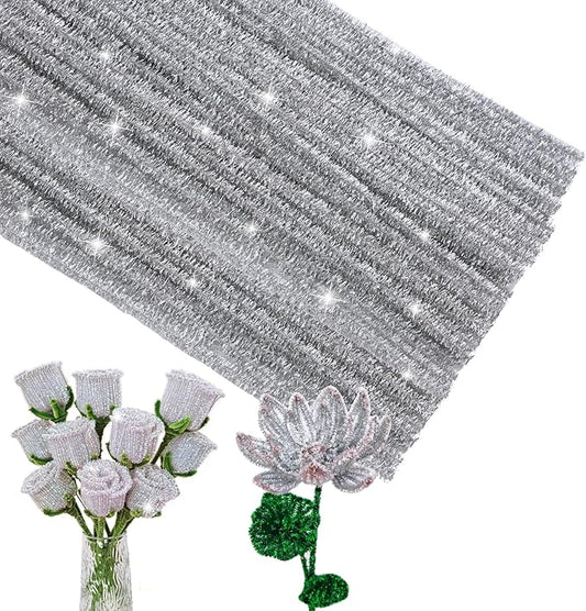 ZXIIXZ 100 Pcs Pipe Cleaners, Glitter Pipe Cleaners Craft Supplies, Creative Craft Pipe Cleaners Bulk for Art DIY Crafts Decorations/Glitter Silver