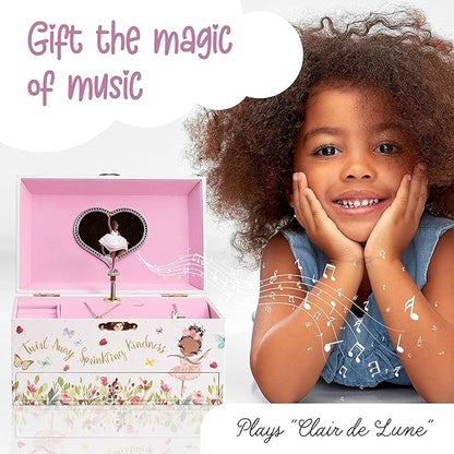 The Memory Building Co Black Ballerina Musical Jewelry Box Plays Classic Melody, Storage Organizer Music Box for Kids Ages 6-12 MDF Wood w/ 2 Fabric Lined Ring Bracelet Necklace Treasure Compartments