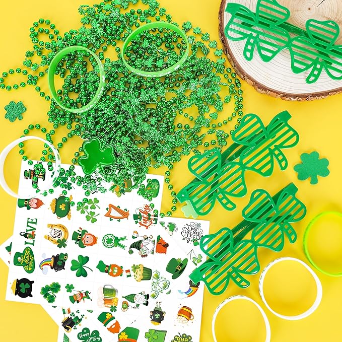 140PCS St Patricks Day Accessories, St. Patrick's Day Glasses Bracelets Tattoos Beads, Irish Glasses Bracelets Tattoos Beads Stuff Bulk, Shamrock Saint Patricks Parade Throw Party Favor Decorations